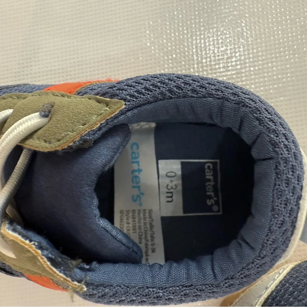 NWOT Carter's Navy and Olive Baby Shoes with Orange Accent 0-3 months